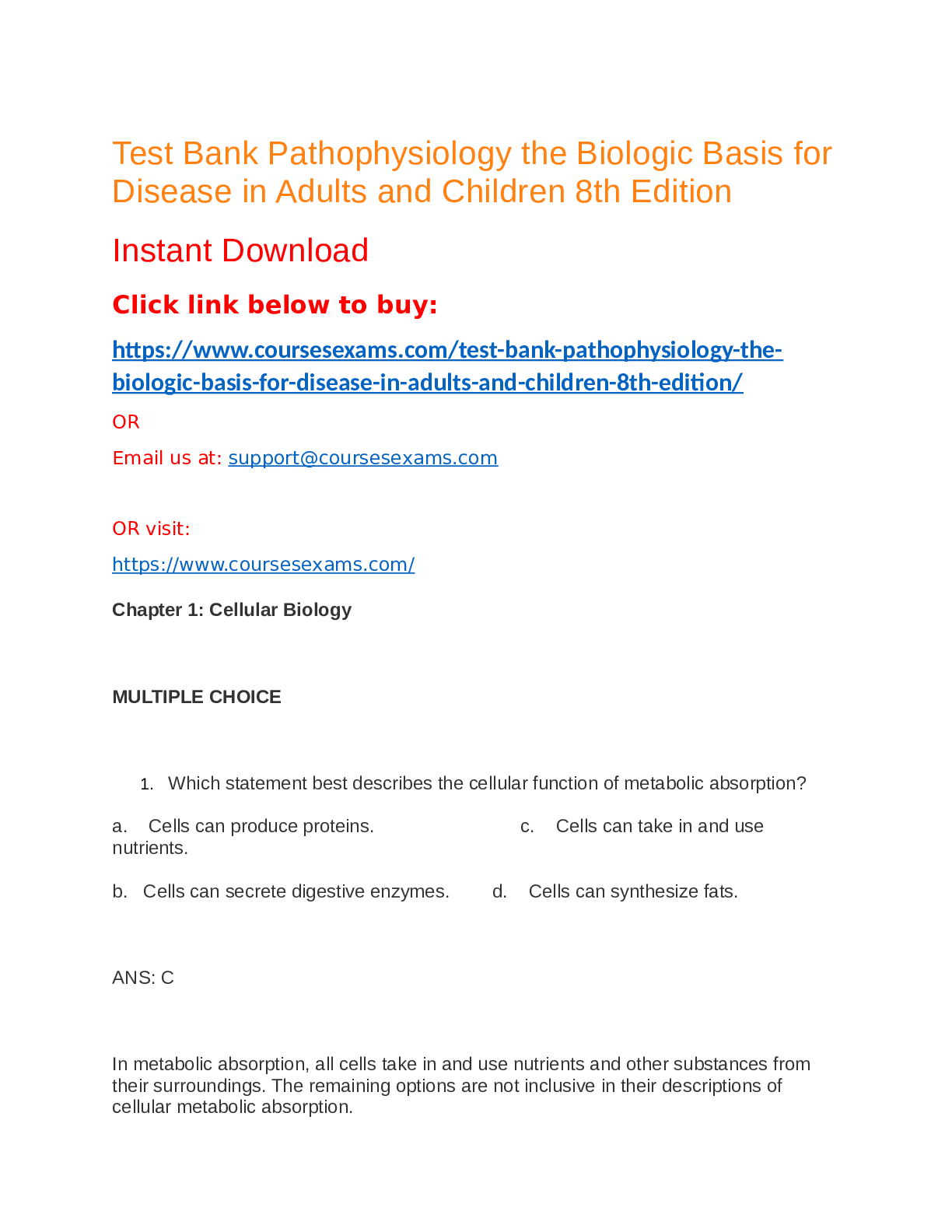 Preview image for Test Bank Pathophysiology the Biologic Basis for Disease in Adults and Children 8th Edition 2023
